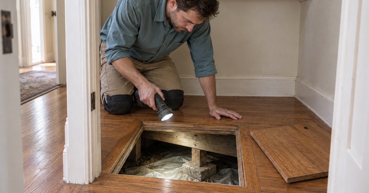 Worker shining a work lamp down through a crawl space access hatch in an Alhambra house, checking beneath the floor before quoting the job.