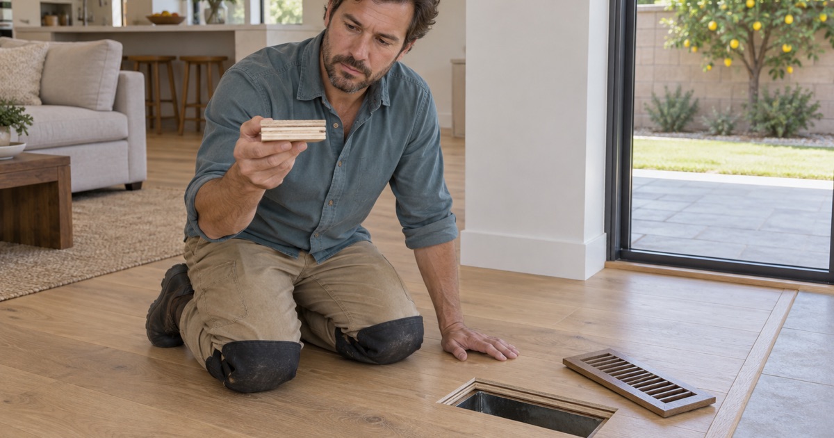 Worker holding an engineered oak offcut beside a lifted floor register in an Alhambra home to show how thin the wear layer is before a sanding is promised.