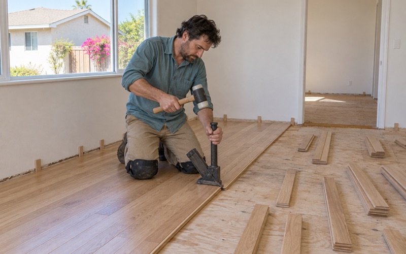 Worker driving a flooring nailer along the tongue of a solid oak board over a plywood subfloor in an Alhambra house.