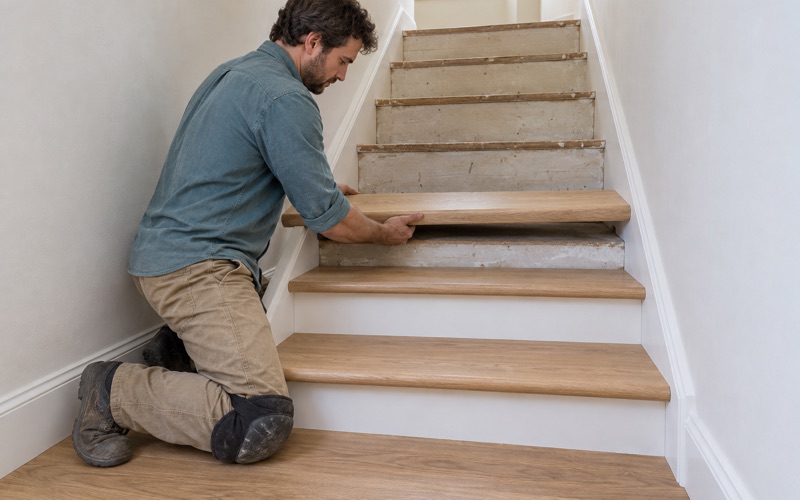 Worker setting a bullnosed white oak retro tread onto a stair in an Alhambra two-story house, finished treads fitted below it.