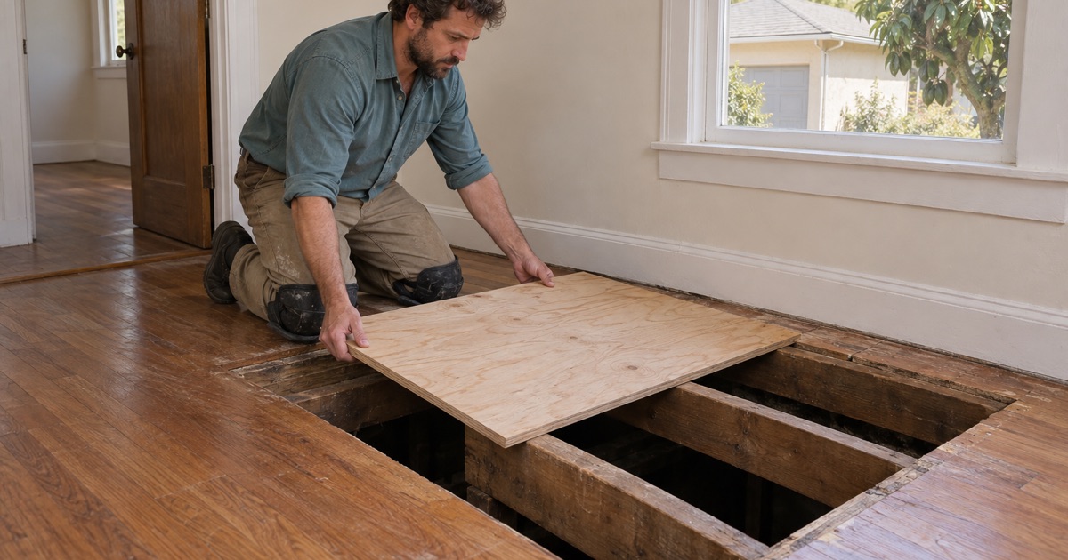 Worker lowering a new plywood subfloor panel onto exposed joists after rotted subfloor was cut out beneath an Alhambra oak floor.