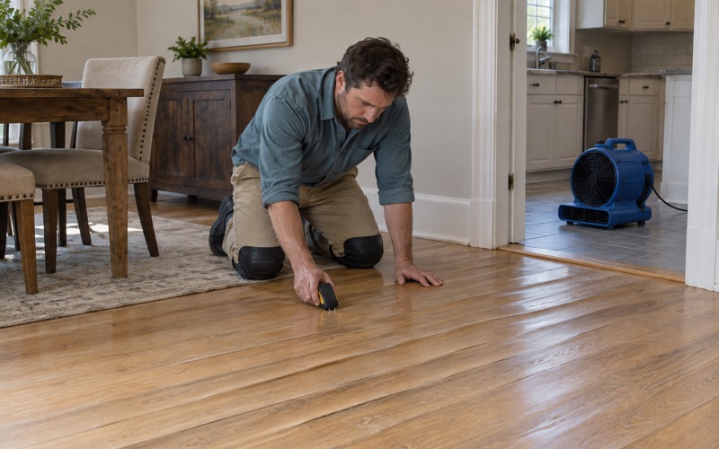 Worker checking cupped oak boards with a moisture meter beside a kitchen doorway in Alhambra where a leaking supply line soaked the floor.