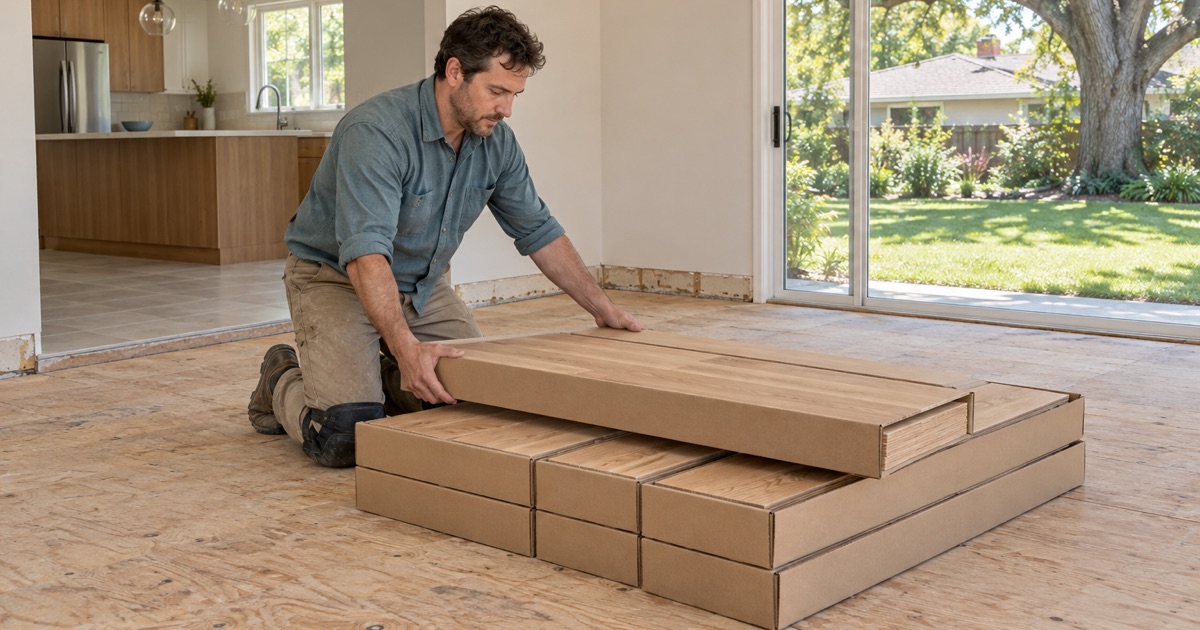 Worker stacking cartons of oak flooring to acclimate in the remodeled family room of a 1950s ranch house in Arcadia.