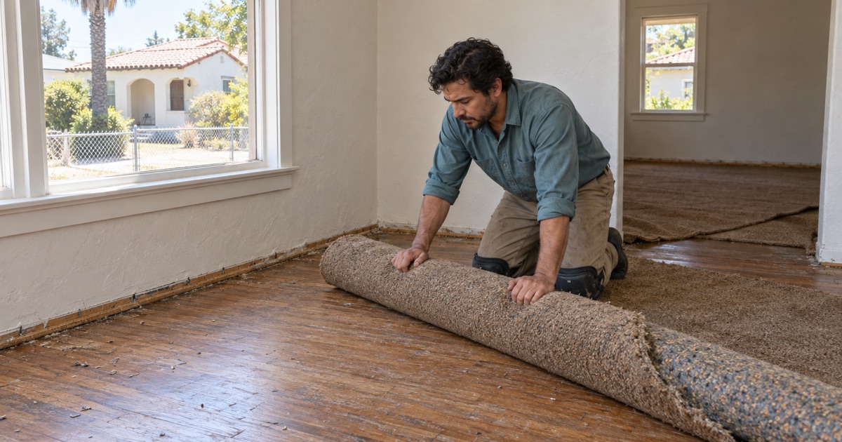 Worker rolling up old carpet to uncover original oak strip flooring in a Spanish Colonial revival bungalow in El Monte.