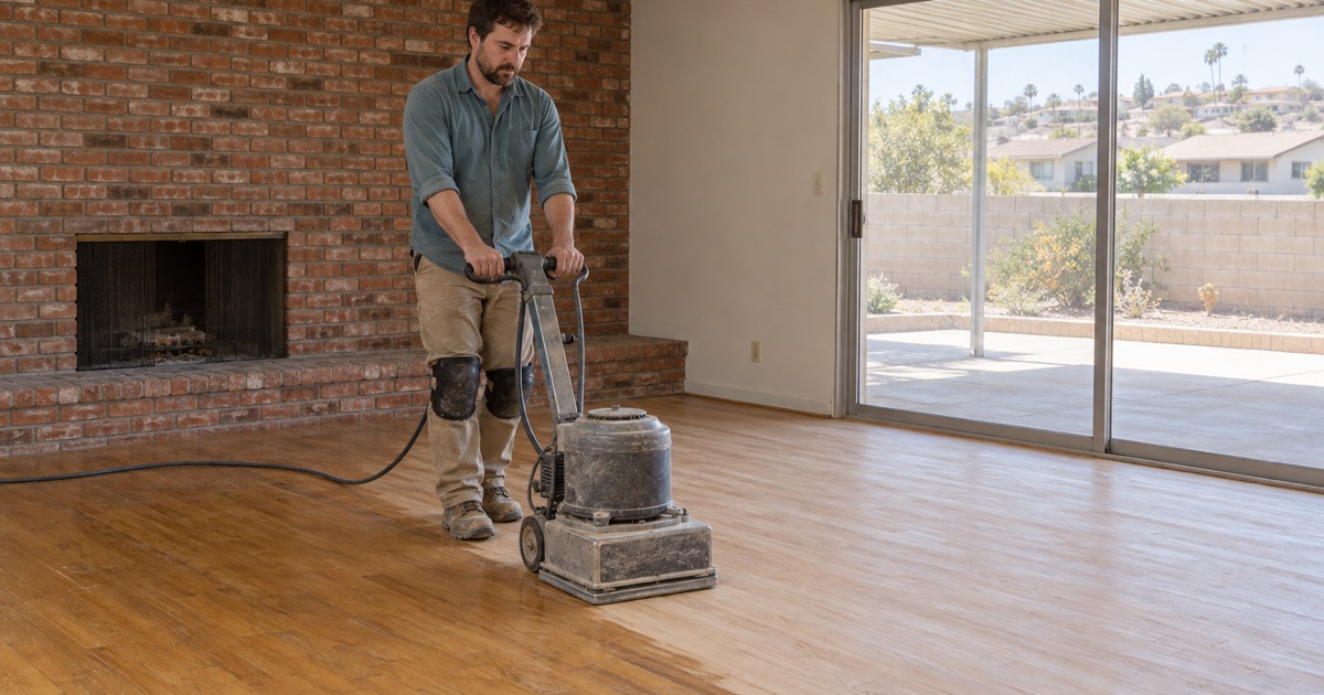 Worker sanding an oak floor with an orbital sander in the family room of a mid-century Montebello house with a sliding glass door.