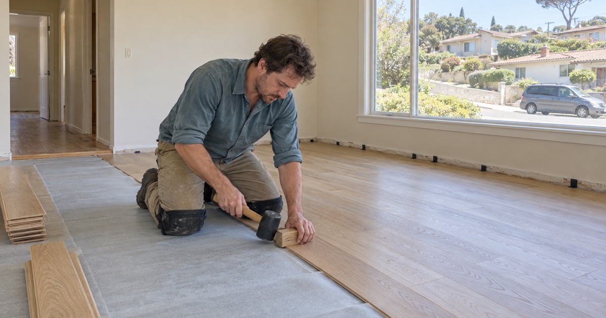 Worker tapping a new engineered oak plank tight with a tapping block in a postwar Monterey Park house.