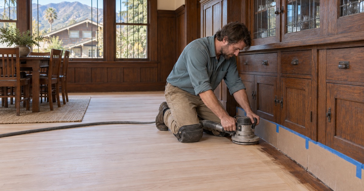 Worker edging an original oak floor around a built-in cabinet in a prewar Pasadena Craftsman house, the woodwork protected and staying.