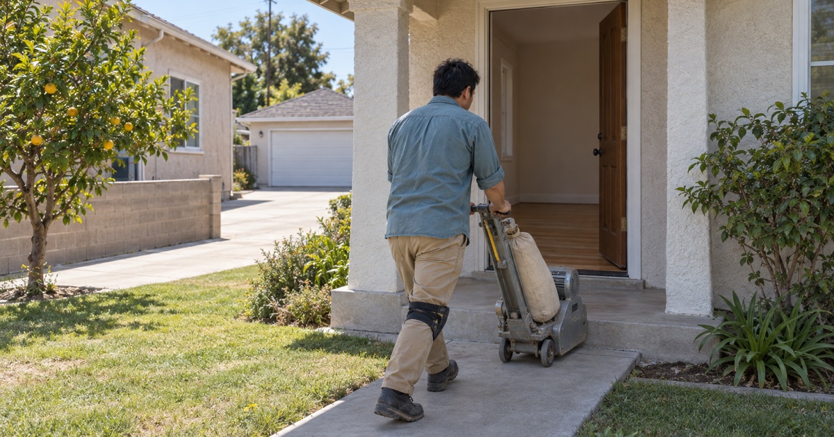 Worker wheeling a drum sander up the front walk of an empty rented house in Rosemead on turnover day.
