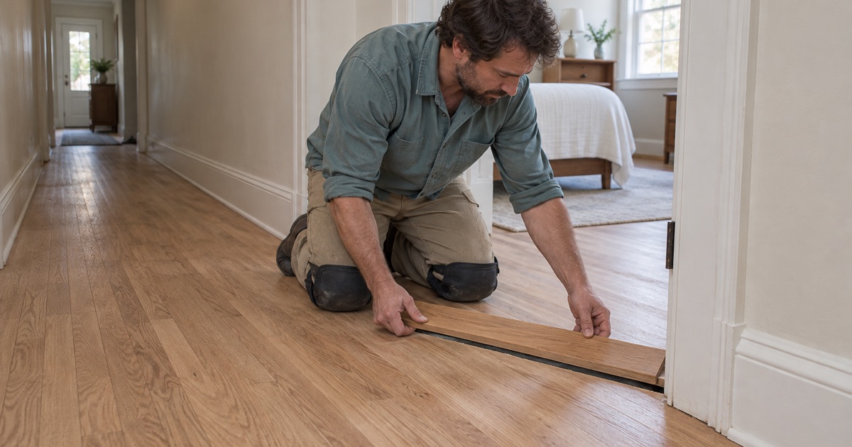 Worker fitting a new oak threshold between a hall and bedroom in a 1940s San Gabriel house.