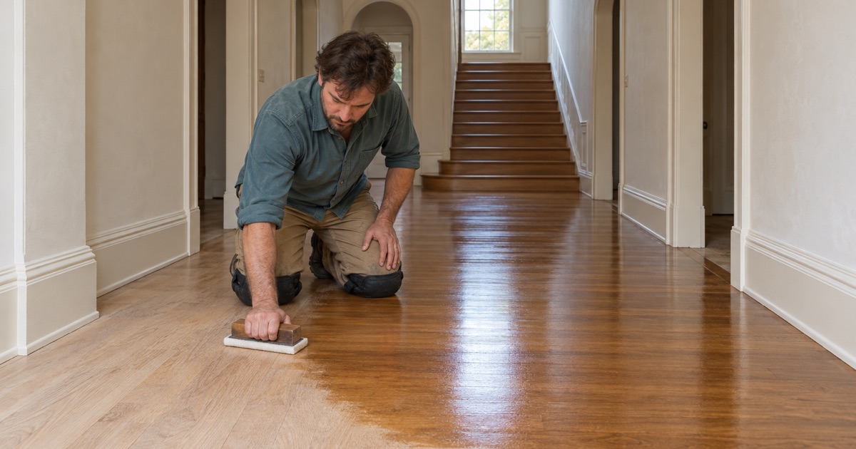 Worker hand-applying hardwax oil to a long quartersawn white oak hall floor in a Period Revival house in San Marino.