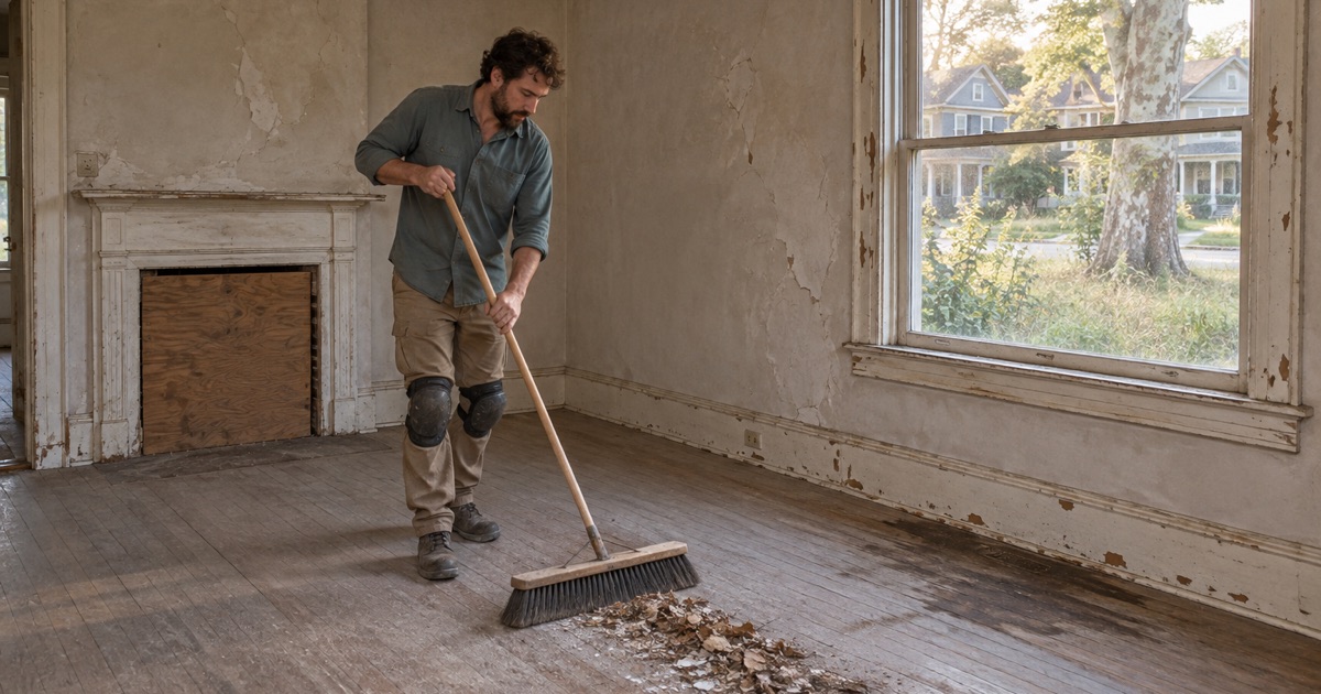 Worker sweeping years of debris off an original oak floor in a long-empty prewar South Pasadena house before assessing it.